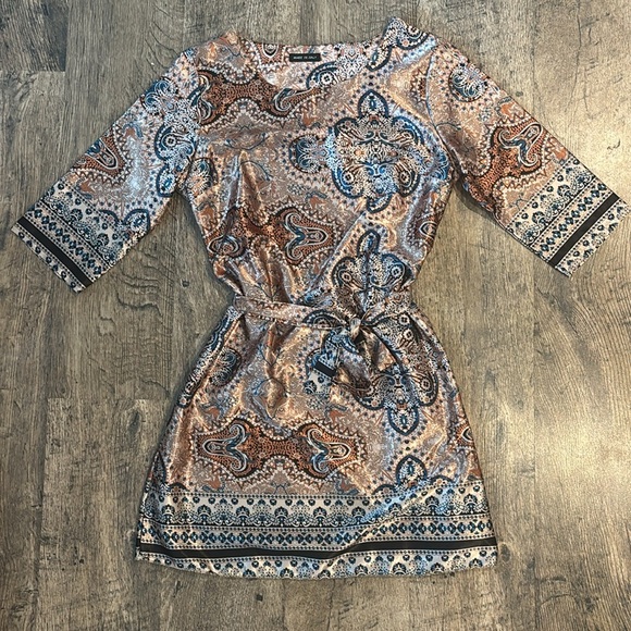 Elegant Paisley Print Dress - Brown and Blue - Picture 1 of 10